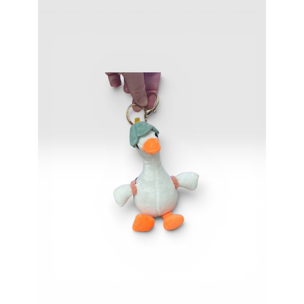Plush Duck Keychain White Goose with Flower Hat and Backpack Gold Clasp 6 Inch